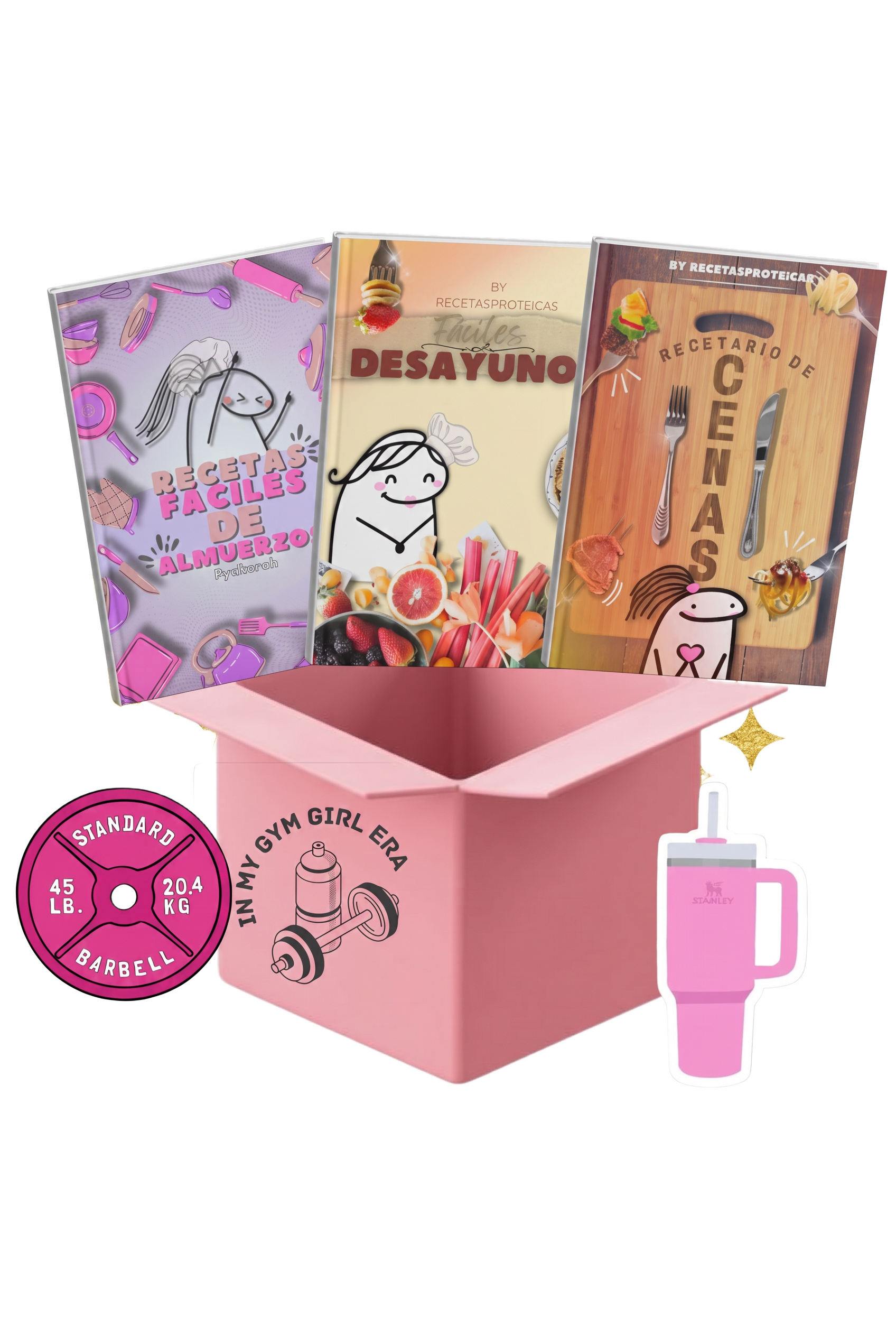 Pack de 3 E-books del Menú Proteico flotando sobre la caja